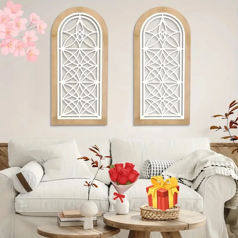 2 قطعة جدار الفن الخشبي خمر مزرعة قوس جدار المنحوتات ، لوحات شبه دائرية ذاتية اللصق لغرفة المعيشة وديكور المكتب