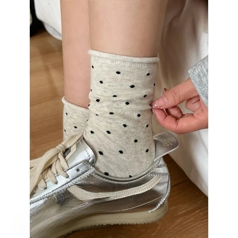 

Женские носки с напуском в горошек. Симпатичные складные носки с эластичными ребристыми манжетами. Модный кавайный принт в горошек для повседневного и косплея.