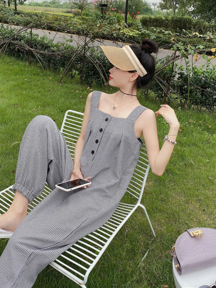 New Summer 2024 Plaid Short Sleeve Suqare Collar Female Bodycon Jumpsuit Full Lengt Rompers Women Jumpsuits Short Sleeve