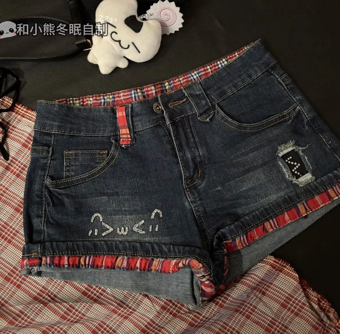 Y2K Aesthetic Retro Low Waisted Denim Shorts Women's Subculture Cute Cat Pattern Jeans Hot Girl 2000s Clubwear Streetwear