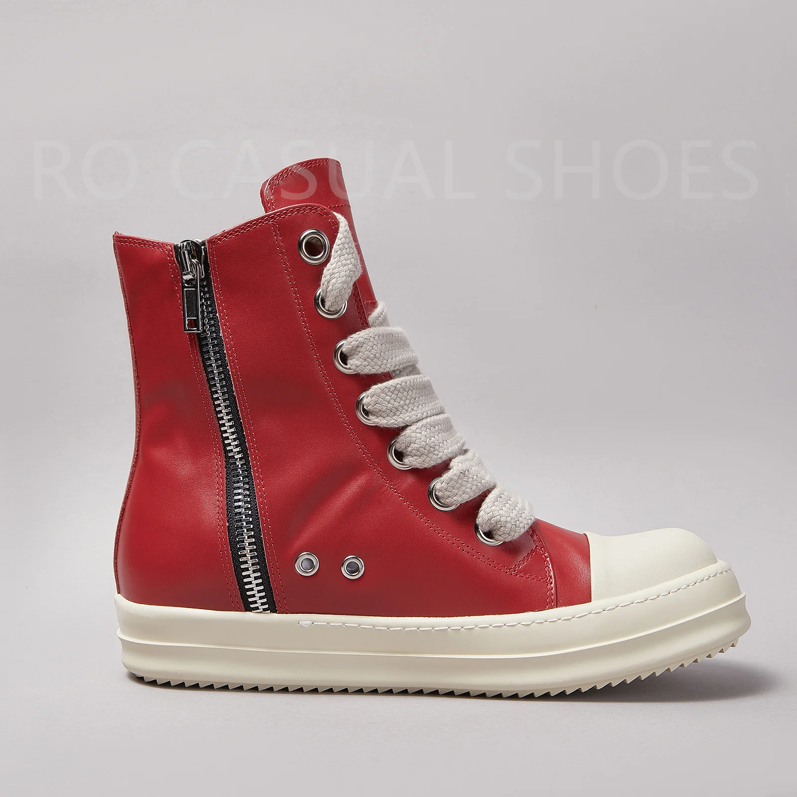 Ricks Genious Red Leather Jumbo Lace High Top Owens Quality Men Shoe Women Sneaker Casual Zipper Owens Design boots & Shoes