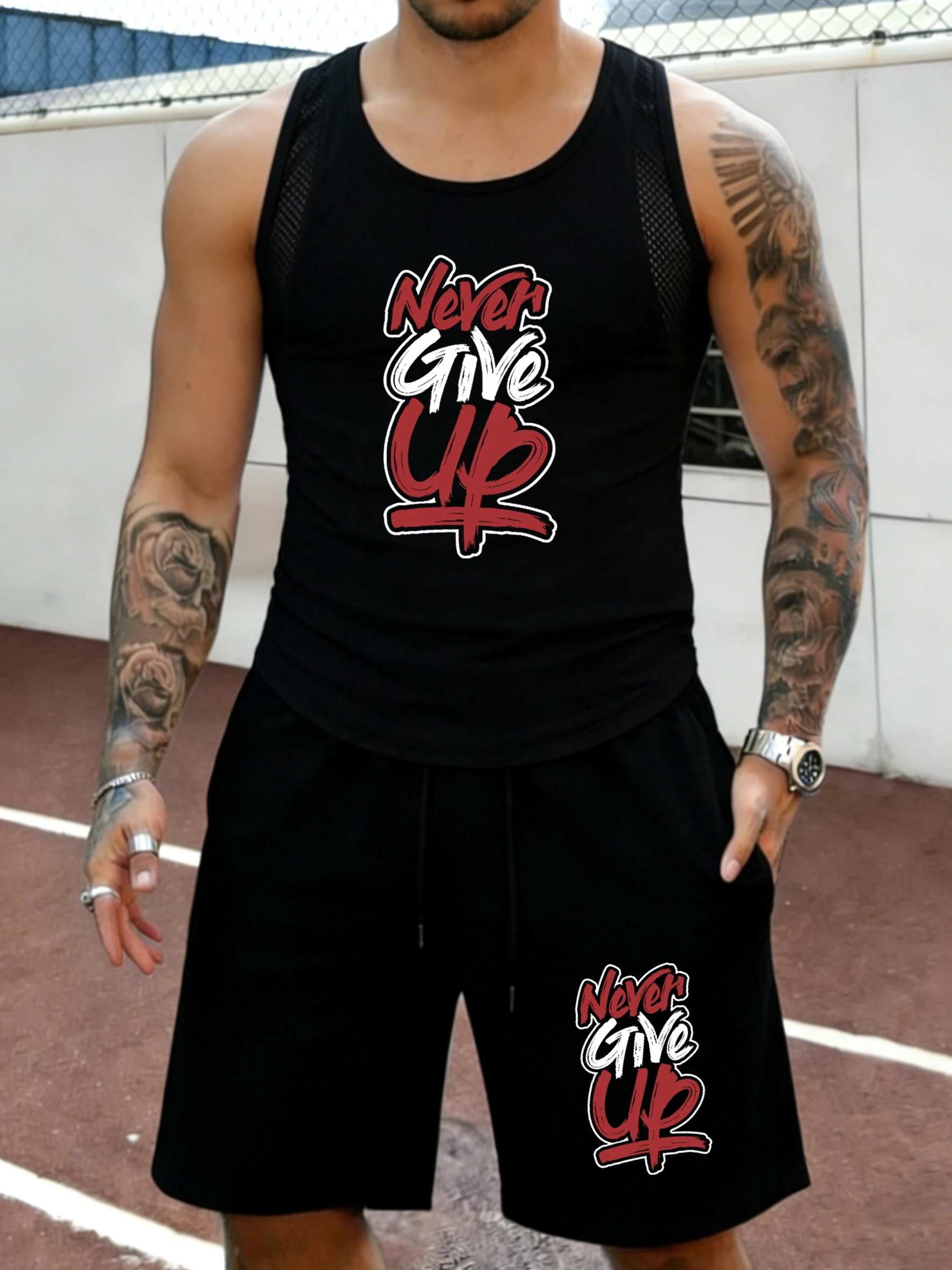 

Never Give Up Art Letter Print Man Summer Mesh Fitness Vest Hip Hop Pants Set Classic Pocket Shorts Quick Dry Run Sportswear
