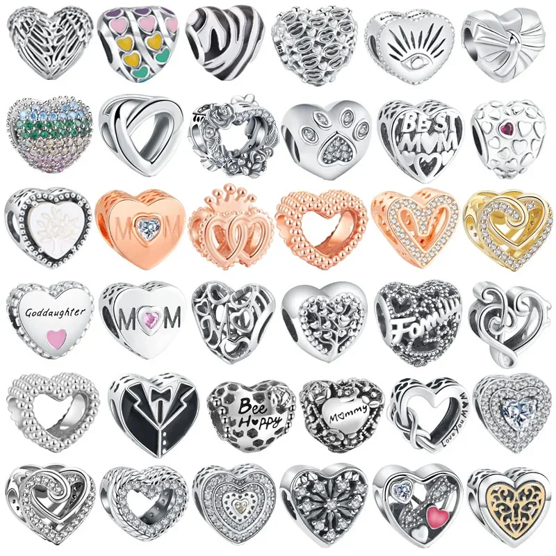 

925 Sterling Silver Mom Family Styles Heart Series Love Mother Shiny Charm Beads Fit Original Pandora Bracelet Women DIY Jewelry