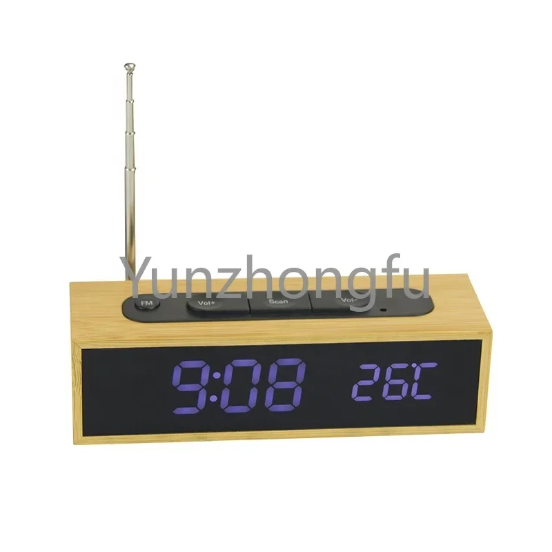 Environment Friendly Natural Bamboo Table Portable LED Digital FM Radio Alarm Clock with Temperature Voice Sensor