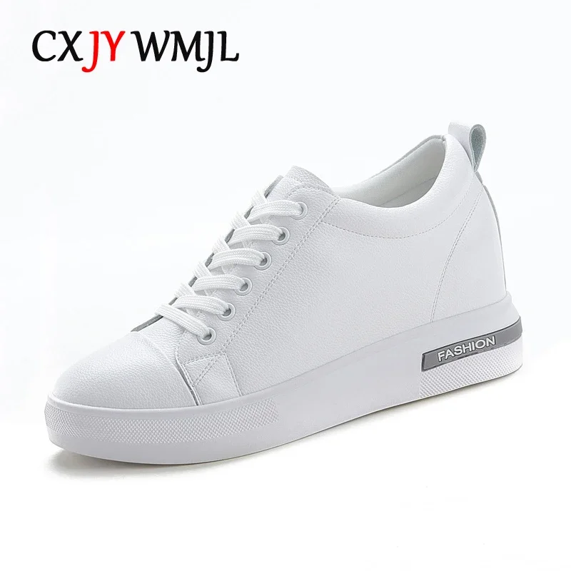 

CXJYWMJL Genuine Leather Wedgies Sneakers Women Autumn Casual Vulcanized Shoes Ladies Thick Bottom Court Sneakers White Lace up