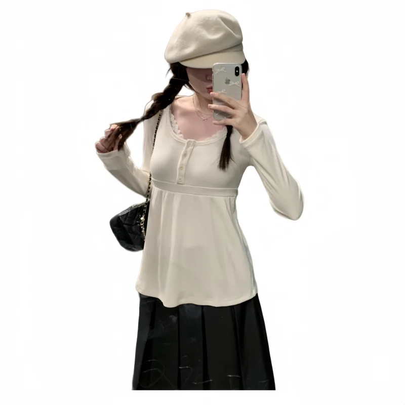 

2026 New Women's Sweet Lace Doll Collar Button T Shirt Soft Pure Desire Slim Fit Long Sleeve Top For Girly Style Girls