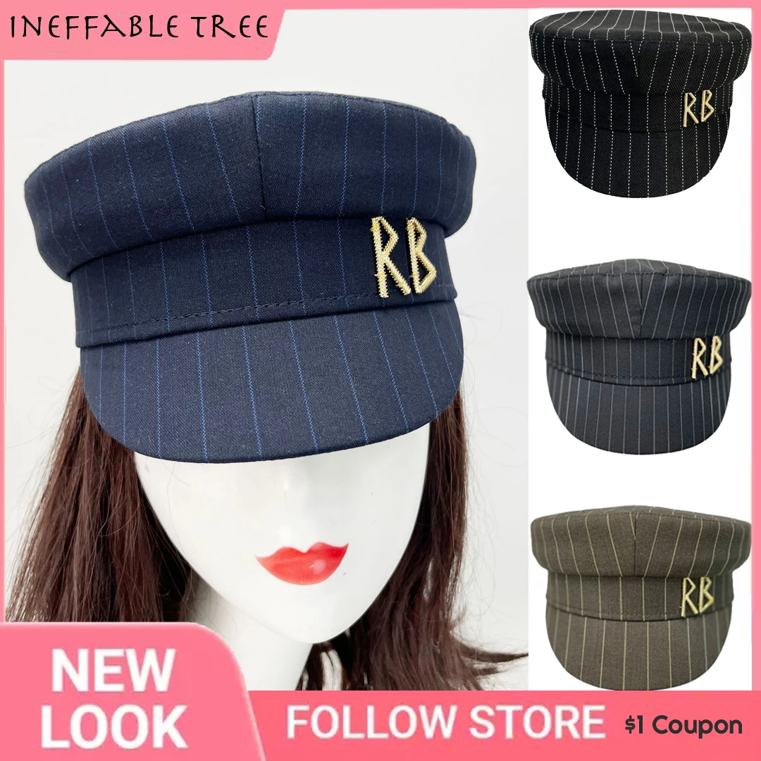 Image of Retro Frühjahr/Sommer Kollektion Damen Anzugstoff Goldbuchstaben Marineblau Gestreifte Kappen Vielseitige Nischen-Streetwear Newsboy Hut Boinas