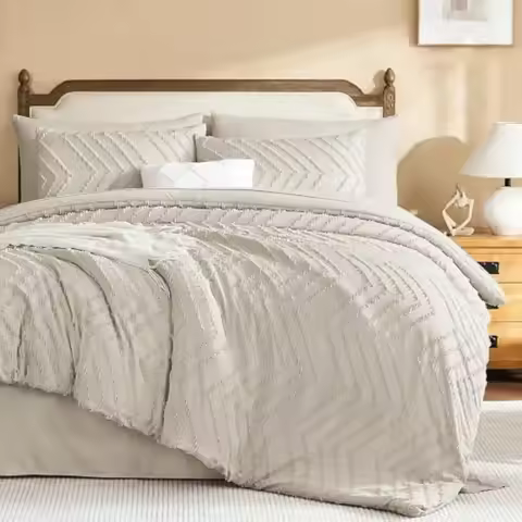 Litanika King Size Comforter Set with Sheets Beige - 7 Pieces Bed in a Bag King Chevron Tufted... product image