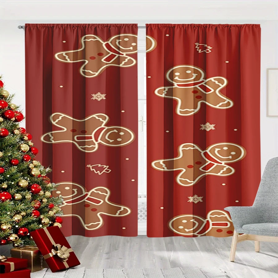 2PCS Christmas Winter Curtains, Red Gold Line Gingerbread Snowflake Tree Winter, Digital Print, Bedroom Living Room, Home Decor