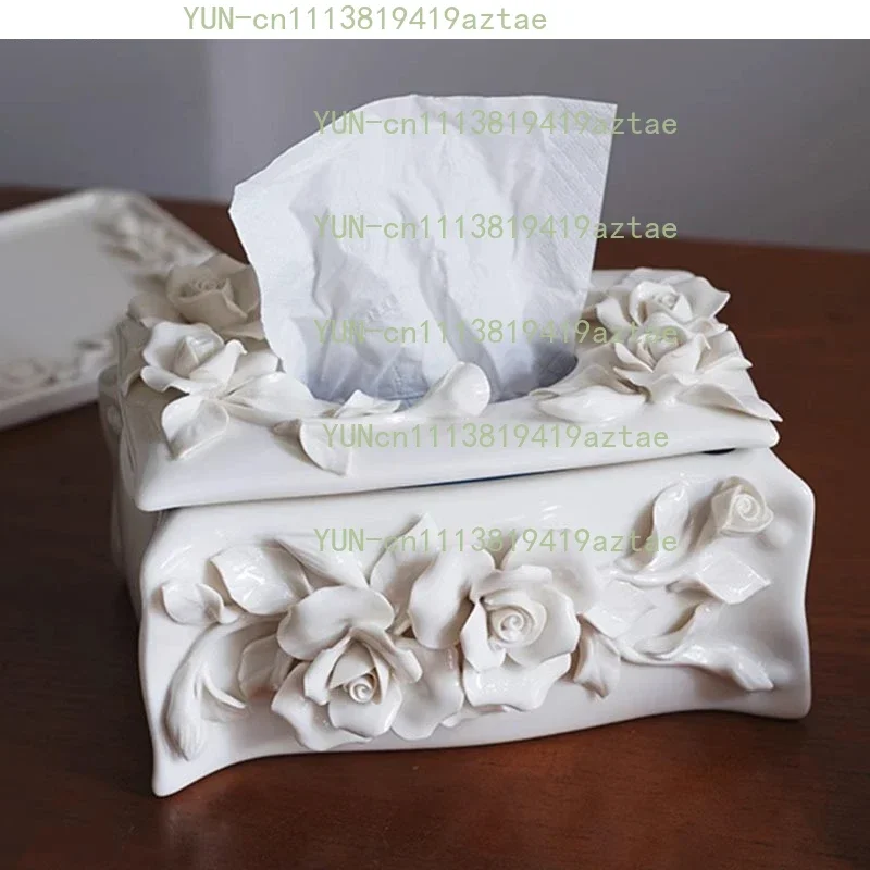 Three-dimensional Rose Ceramic Tissue Box Dining Table Removable Napkin Paper Household Container
