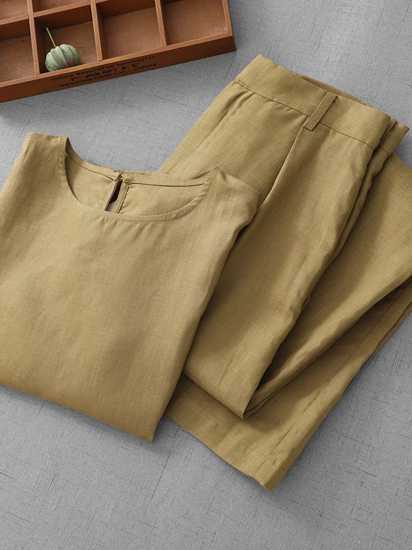 

Retro Cotton Linen Set Women Summer New Simple Sleeveless Vest Top High Waist Wide Leg Pants Two Piece Set Commute Style Casu...