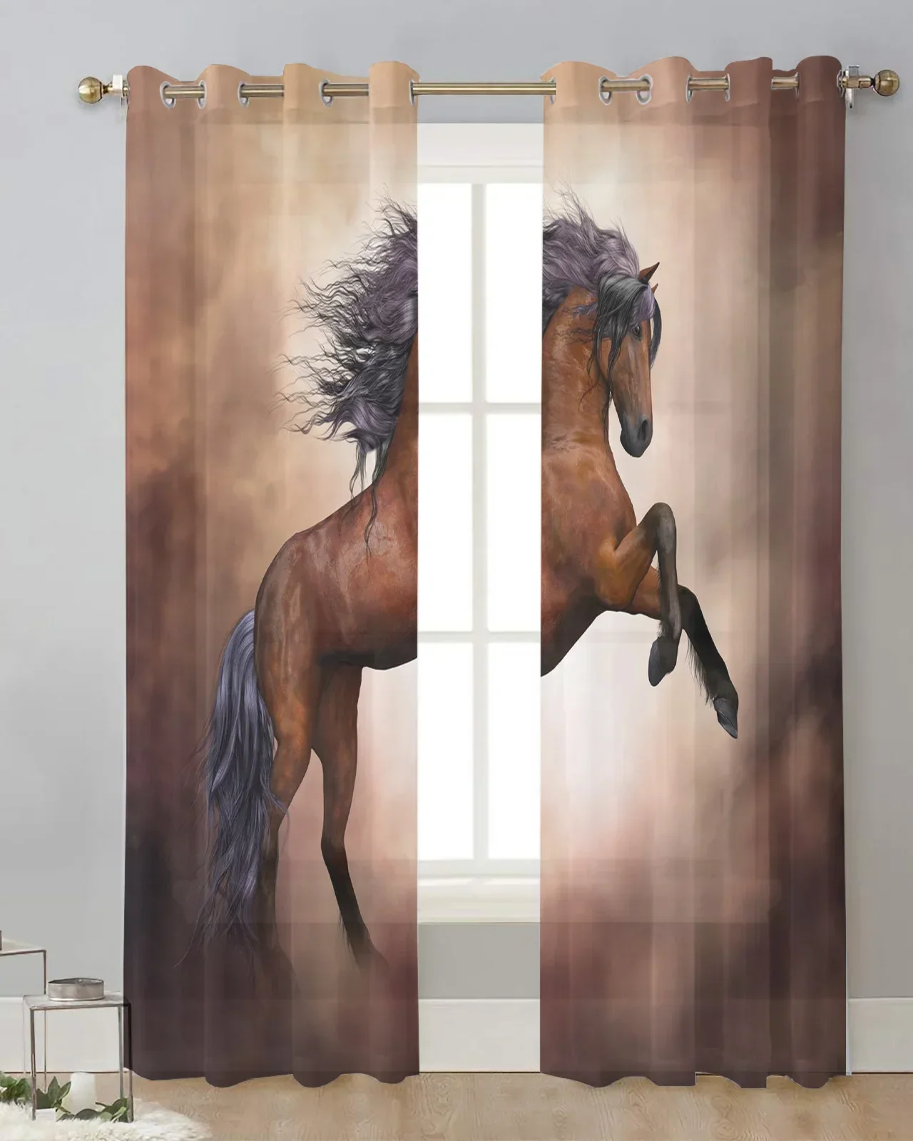 Running Galloping Horse Brown Animal Tulle Sheer Window Curtains for Living Room Bedroom Modern Voile Organza Curtains Drapes