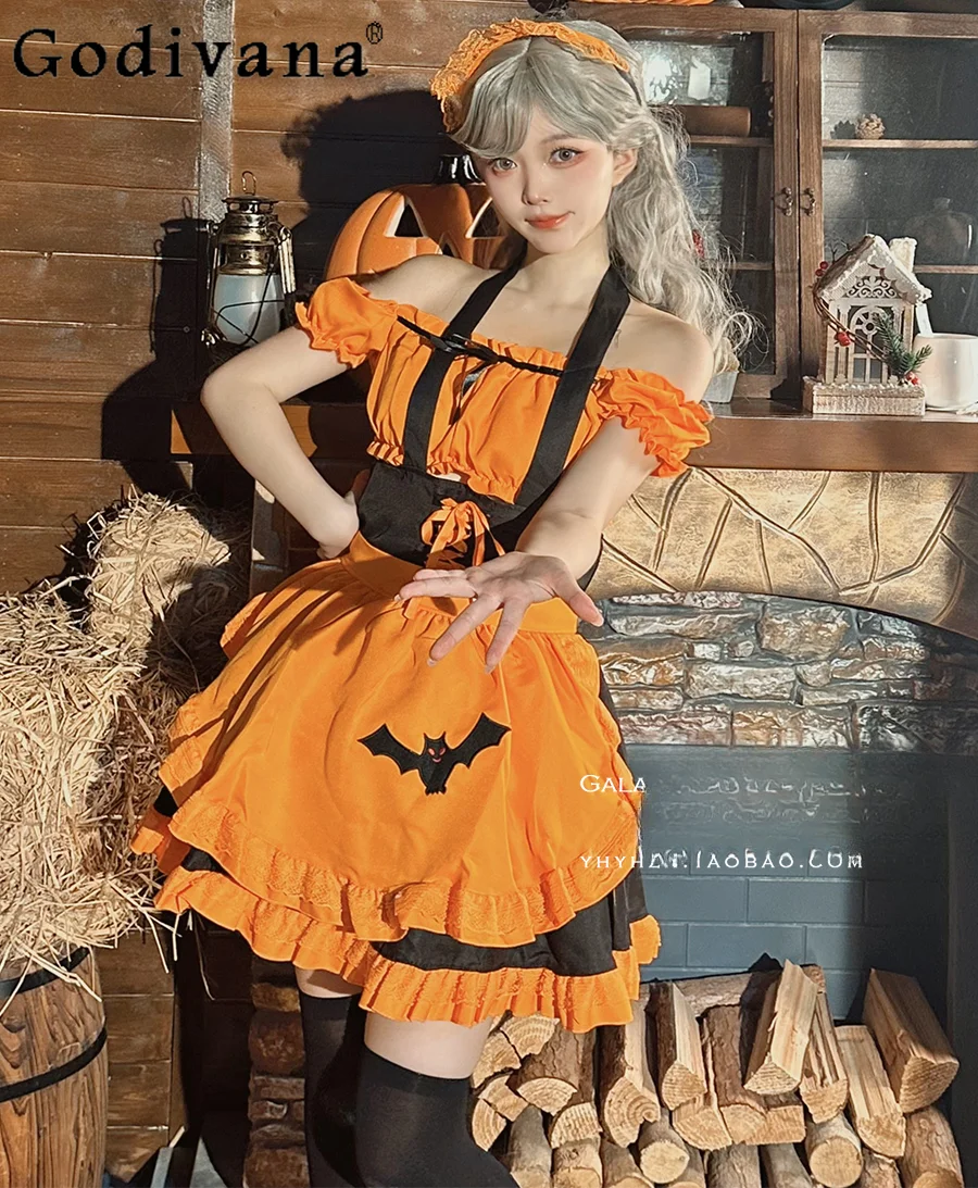 

Halloween Cosplay Maid Costume Women Gothic Off Shoulder Ruffles Halter Bat Print Pumpkin Color Lolita Dress Summer Y2k Dress