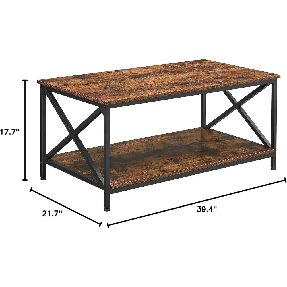 XMSJ Coffee Table with Storage Shelf and X-Shaped Steel Frame, Industrial Farmhouse Style