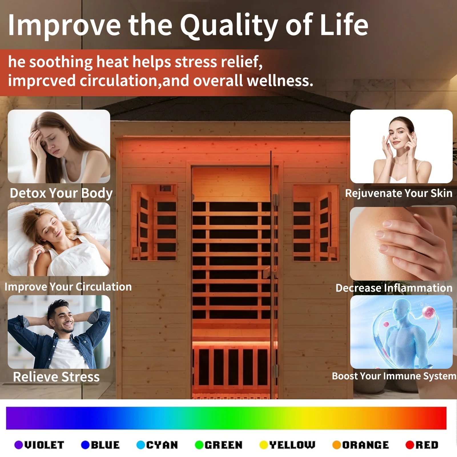 Outdoor Far Infrared Graphene Sauna Room, Natural Spruce Wood Low EMF Home Sauna Cabin with Waterproof Asphalt Roof, Color Light Therapy for Home Backyard Spa view 3