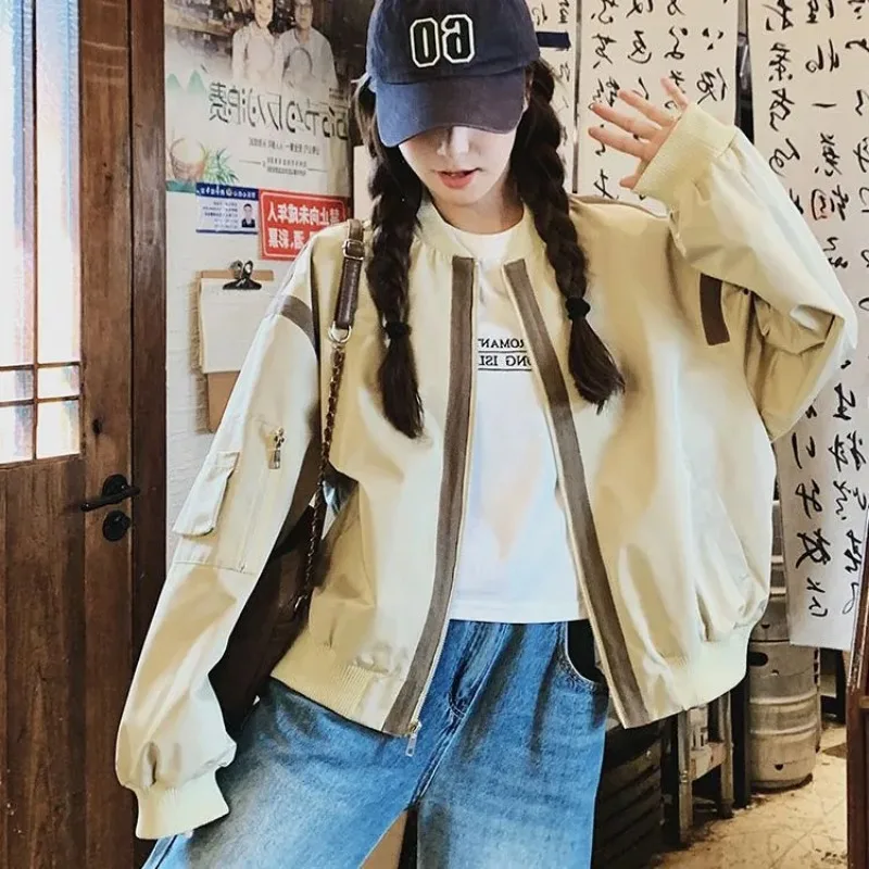 Women Clothing Spring Autumn Fashion Korean Zipper Color Blocking O-neck Cardigan Female Baseball Jersey Pocket Long Sleeve Coat