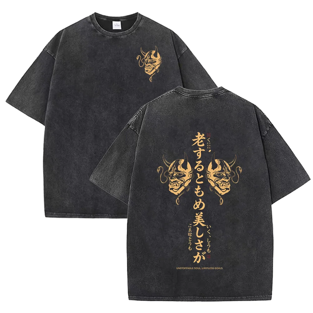 2026 Vintage Washed Black Japanese Hannya Mask Graphic T Shirt Front Back Print Oriental Streetwear Oversized Casual Short Sleev