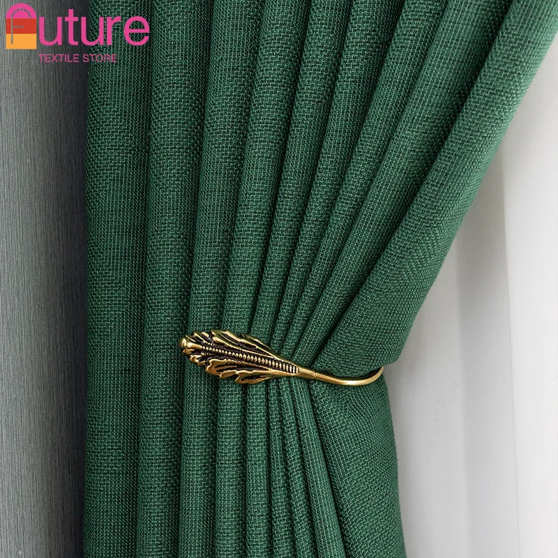 Dark Green Super Thick Cotton Linen Blackout Curtain for Living Room Bedroom Balcony French Window Partition Curtain Finished