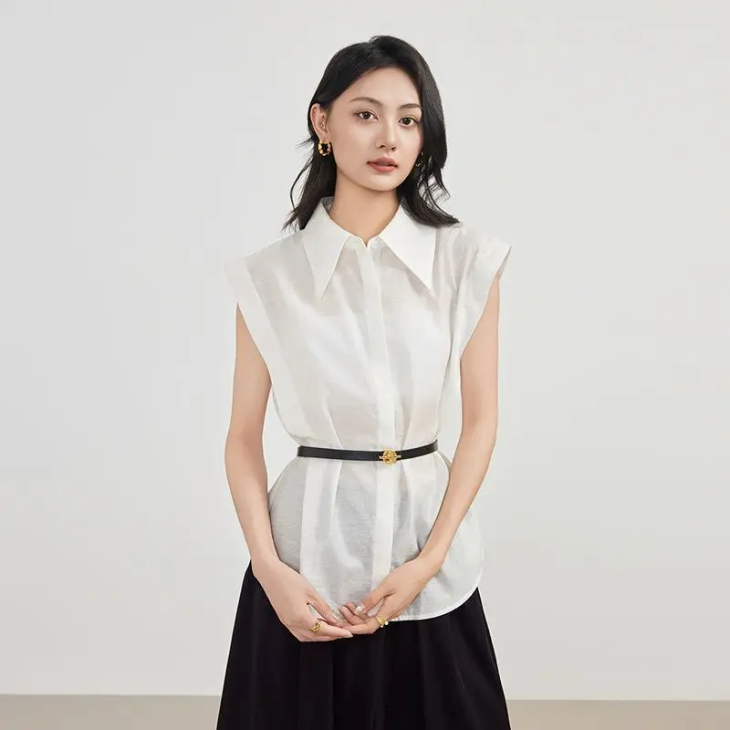

Women's French Style Sleeveless Blouse Point Collar Belted Waist Elegant Summer Top