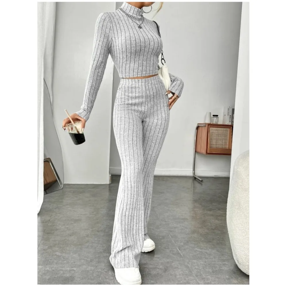 Women's Knit Ribbed Two Piece Tracksuit High Neck Long Sleeve Cropped Top High Waist Bell Bottom Pants Slim Fit Outfit Female
