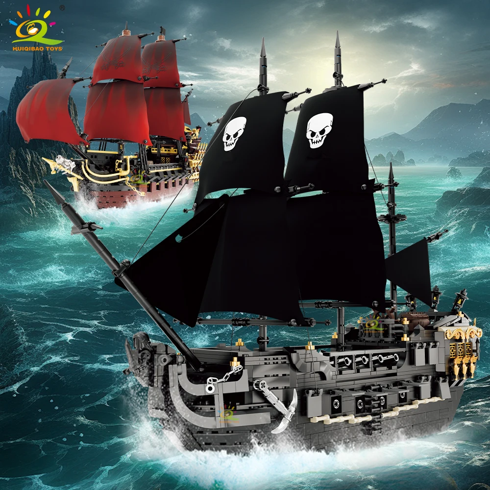 

HUIQIBAO Skeleton Ghost Black Boat Red Pirate Ship Building Blocks Model Assembly Bricks Toys Desktop Decor. Kid Boy Adult Gifts