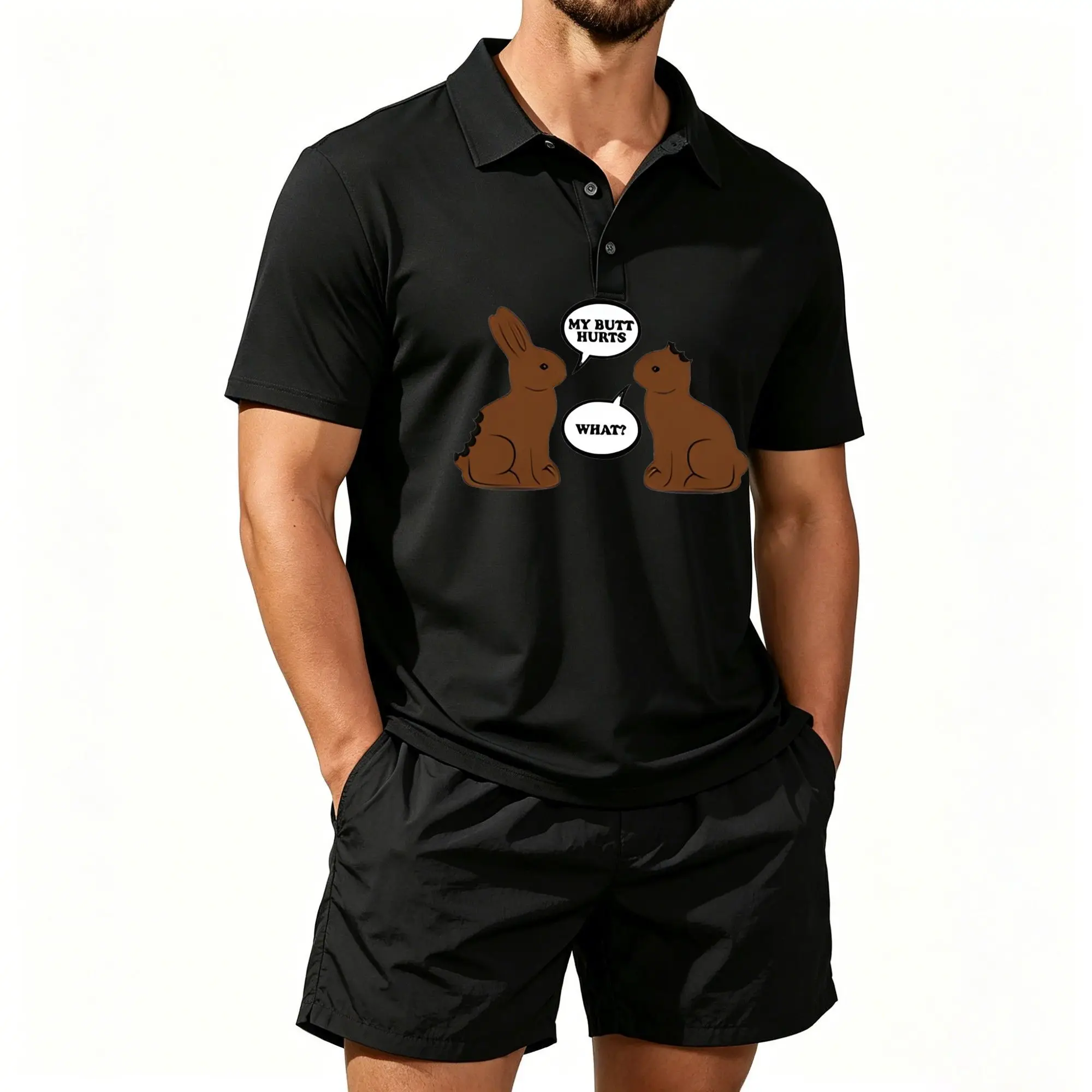 Conjunto de Camiseta Polo y Pantalones Cortos de Playa para Hombre, Estilo Divertido con Diseño de Conejito de Chocolate, Corte Casual y Cómodo