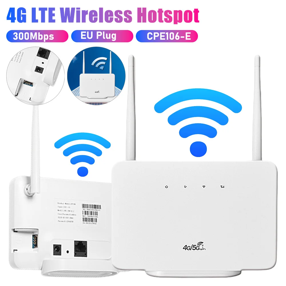 

(EU Plug)4G Router 300Mbps 4G LTE CPE Router Hotspot Wireless Modem External Antenna with Sim Card Slot for Home Travel Work