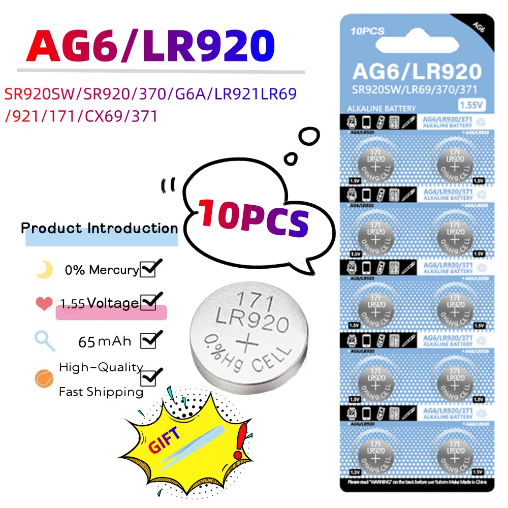 2-10PCS 1.55V AG6 65mAh 371 Knop Batterijen SR920SW LR920 SR927 171 370 L921 LR69 SR920 Voor Horloge Speelgoed Afstandsbediening Munt Beslag