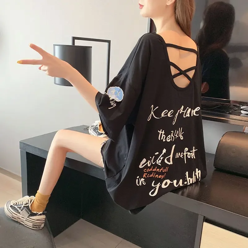 Tops Aesthetic Casual Short Sleeve T Shirt Clothes Pulovers Graphic Women's T-shirt For Summer Loose Backless Fashion Elegant