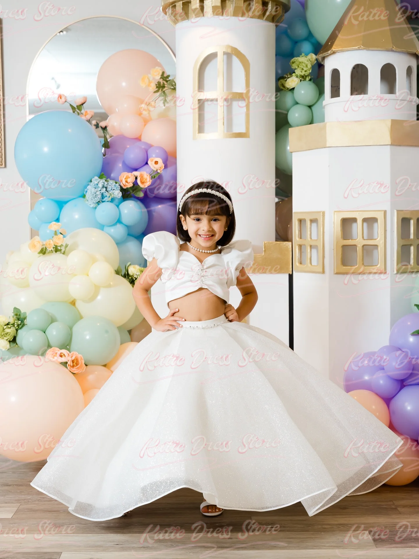 White 2pcs Flower Girl Dress For Wedding Puffy Tulle Brading Shiny Kids Birthday Party First Communion Ball Gowns Customized