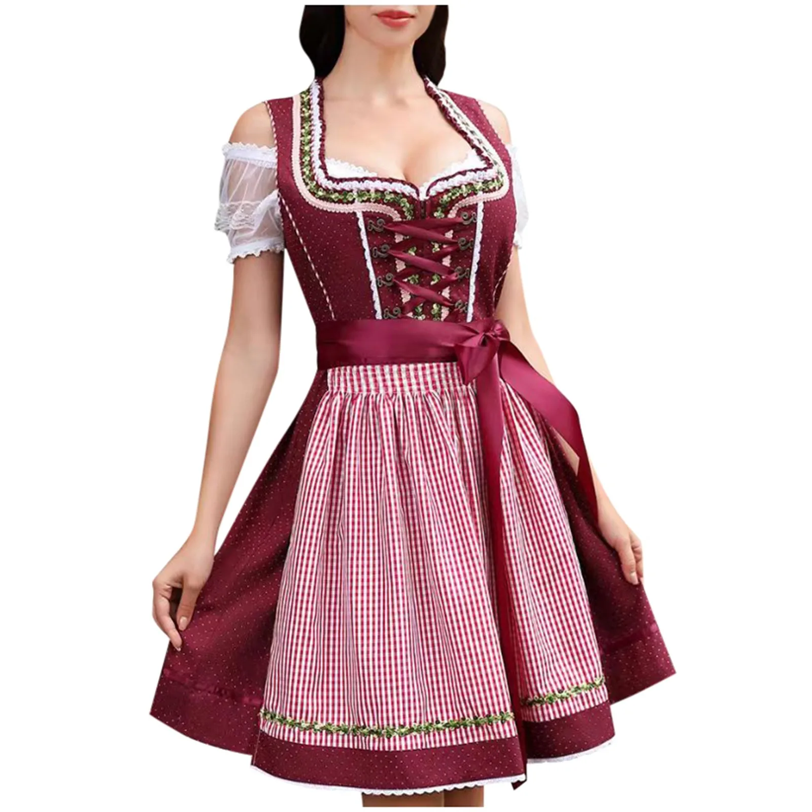 Festive Cheer: Women's Bohemian Beer Festival Dress White Lace Crop Top & Elegant Midi Skirt Set For Oktoberfest Halloween