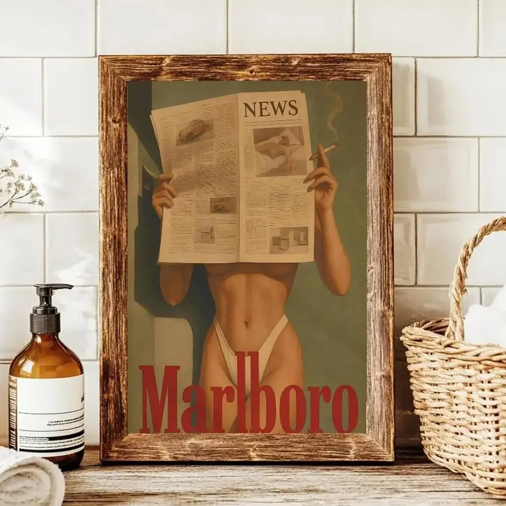 خمر السجائر الغربية MarlboroS نموذج بيكيني المشارك ذاتية اللصق ورق مقاوم للماء ملصق مقهى بار غرفة جدار ديكور