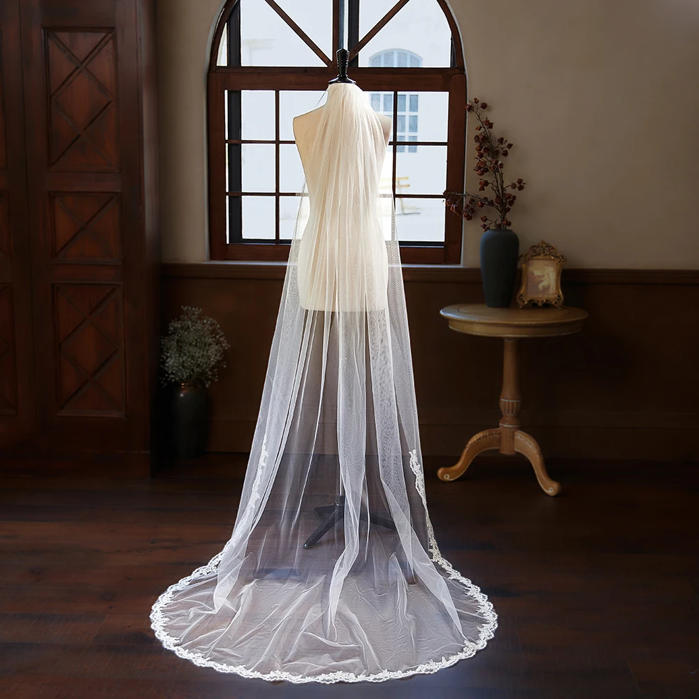 230CM Elegant Lace Applique Edge Bridal Veil One Layer Soft Tulle Marriage Wedding Veil Accessories for Women