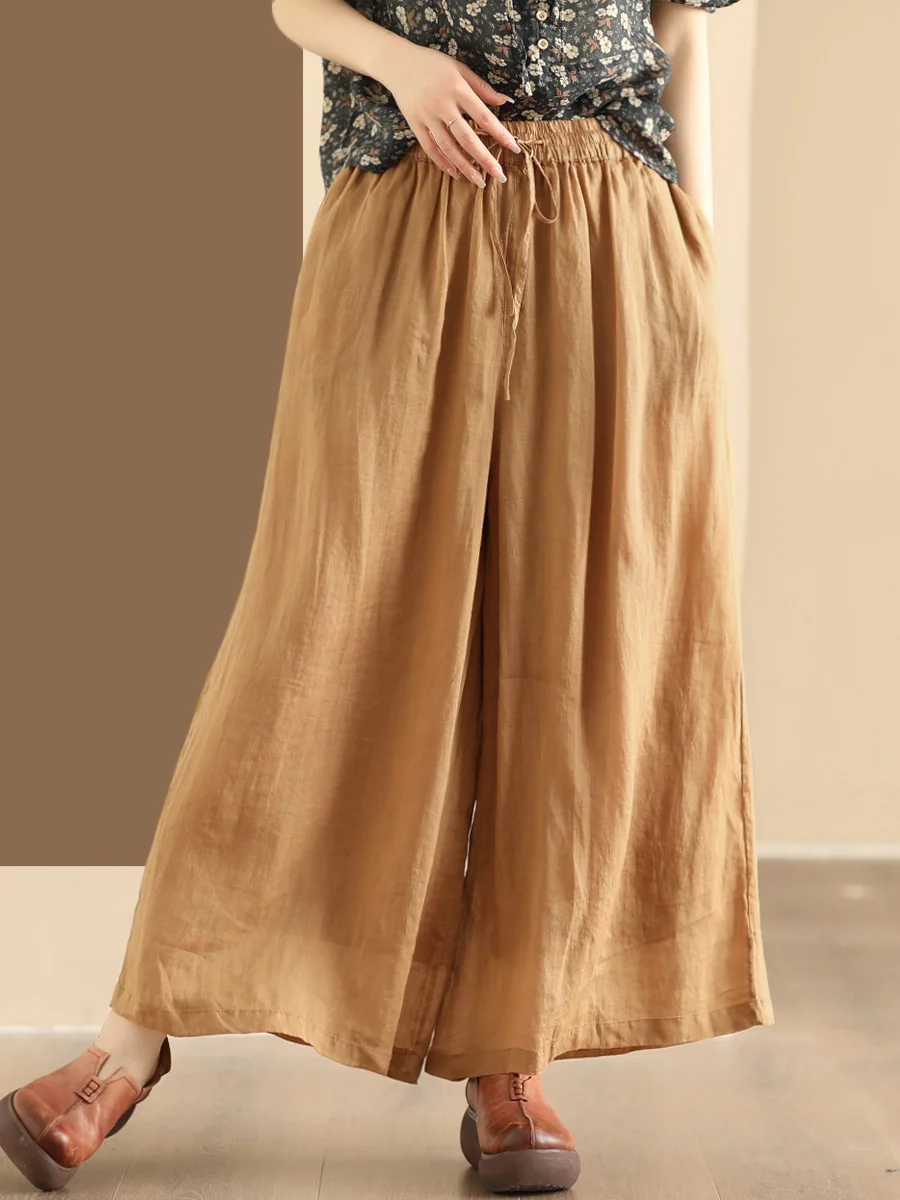 

Retro Stone Ground Wash 100% Fine Flax Wide Leg Pants Women's Double Layered Casual Pants Elastic Waist Skirt Pants Long Pants