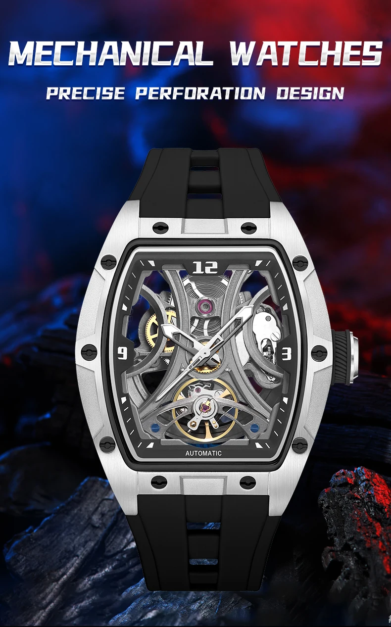 MEGIR Sport-Stil, automatische mechanische Uhr für Herren, voll hohl, transparentes Zifferblatt-Design, Edelstahlgehäuse, Silikonarmband – Detail 15