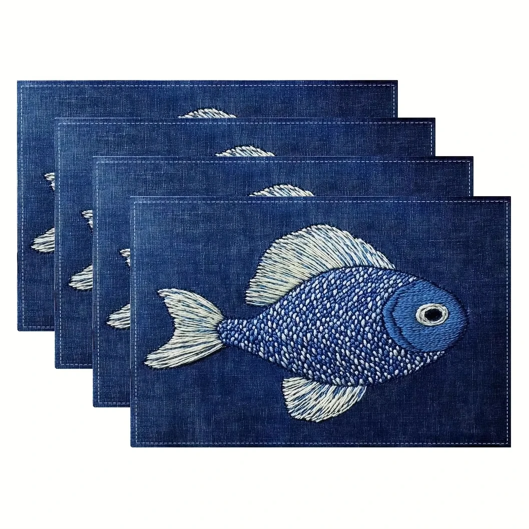 VIKAMA 4PC Deep Sea Blue Fish Placemats Are Waterproof And Easy To Clean They Are Home Placemats And Ocean Style Table Decor