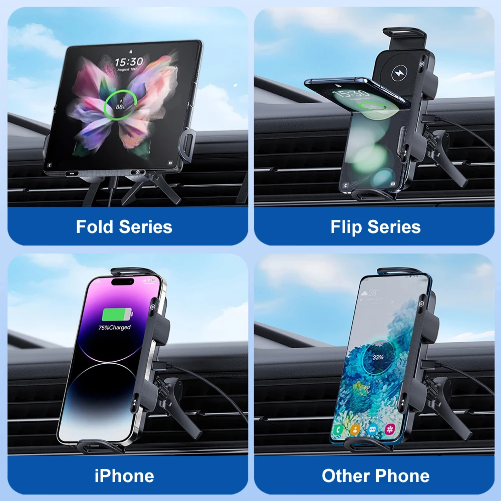 Car Wireless Charger Dual Coil Fold Screen Car Fast Charging Stand for Samsung Galaxy Z Fold 6 Flip 3 Air Vent Car Phone Holder - Image 2