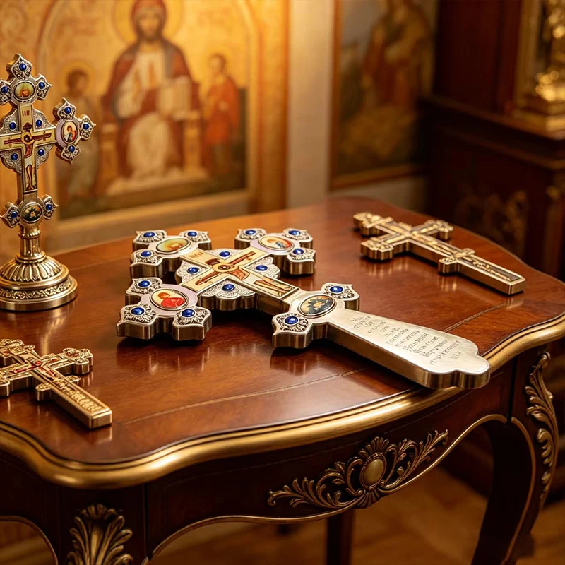Neues Premium-Orthodoxes Brustkreuz mit Emaille-Ikonen und blauen Kristallen für Priester, Geistliche, Liturgische Kleidung und Segnung. – Detail 3