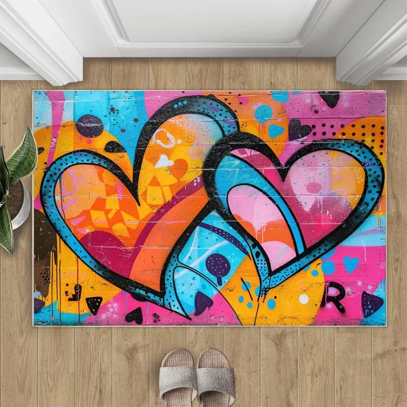 Romantische Liebesherz-Fußmatte mit Graffiti-Muster, Willkommens-Teppich, weich, rutschfest, Heimdekoration, Teppich, moderner Wohnzimmer-Eingangsteppich
