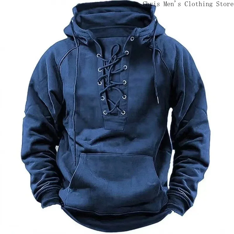 2024 Fall Trendy Mens Hooded Sweatshirts Lace-up Drawstring Long Sleeve Loose Hoodies Men Streetwear Vintage Solid Color Hoodie