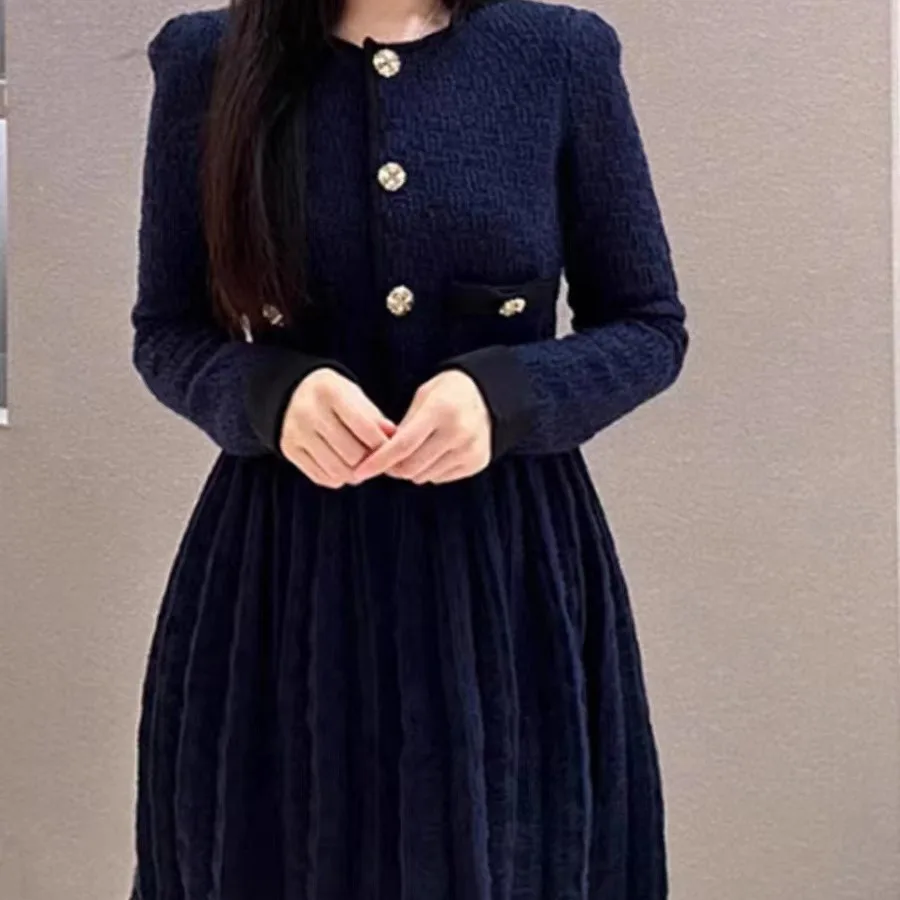 

Women Dark Blue Knitted Dress Button Round Neck Office Ladies Elegant Fashion Party Dress Women