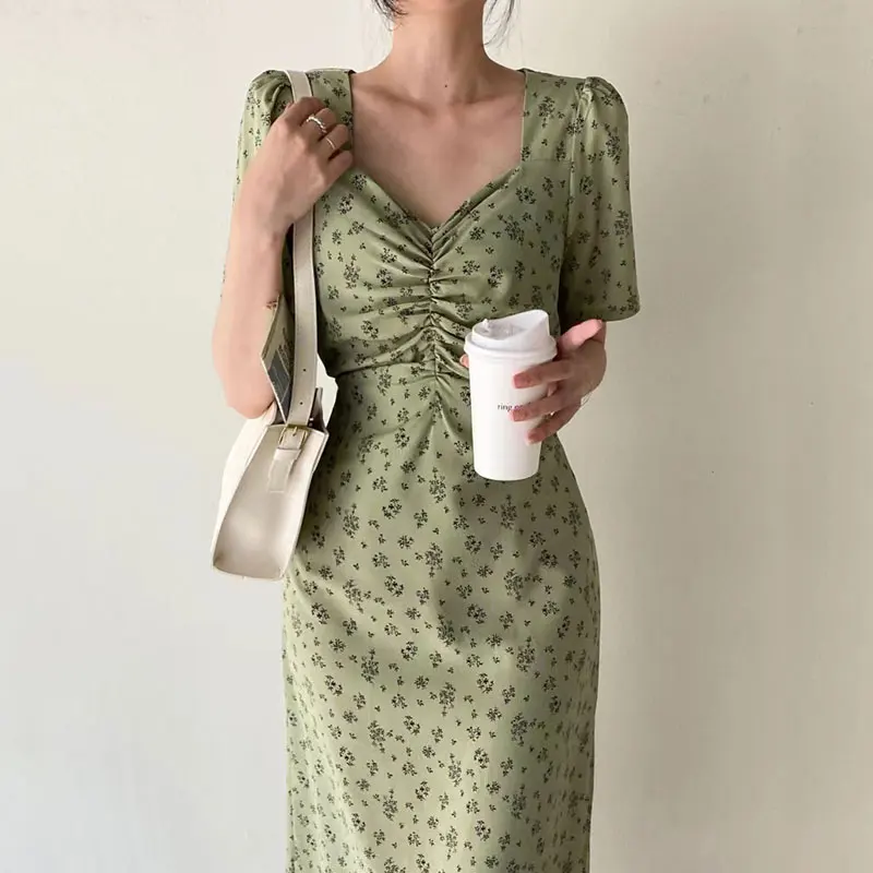 Chic Spring Summer Floral Print Bal Hollow out ort Sve Square Ne Dstring Waist Skirt for Women Commute Sle H...