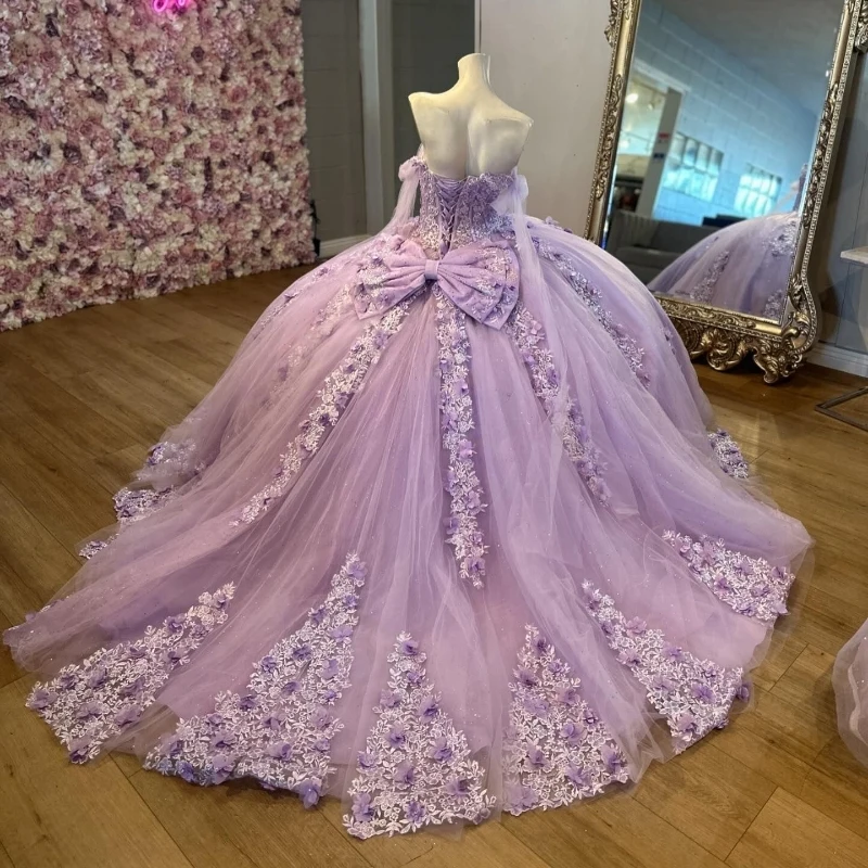Lavanda brilhante fora do ombro vestido de baile quinceanera vestidos 3d vencedores apliques rendas contas tull espartilho doce 16 vestido de 15