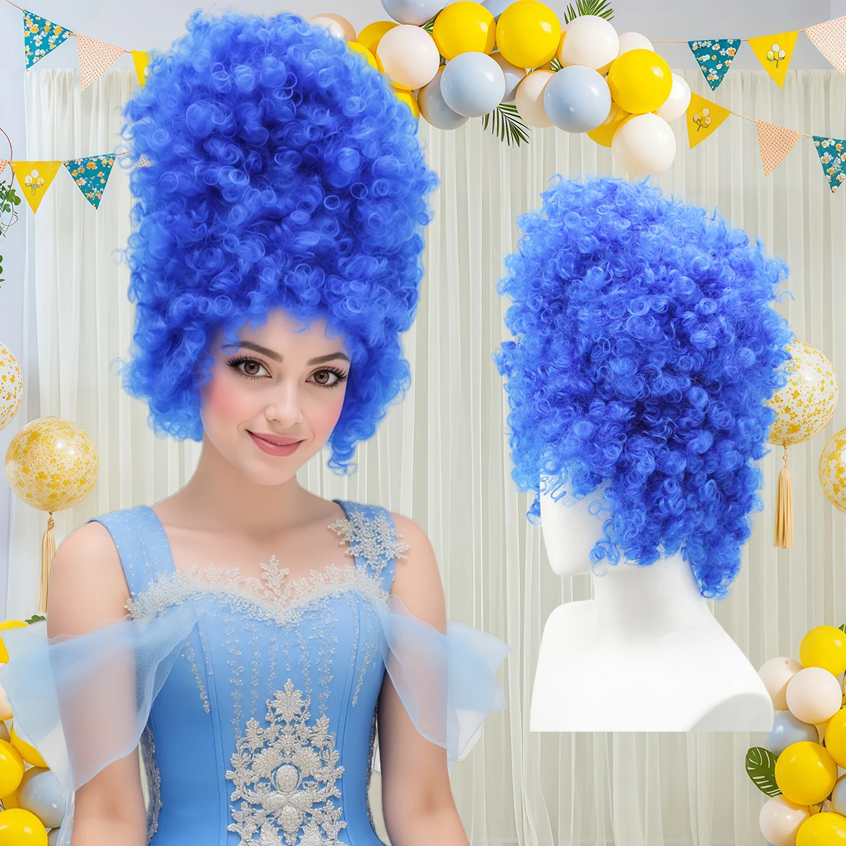 Vibrant Blue Voluminous Explosive Big Wavy Curly Layered Synthetic Wig 16inch for Cosplay Party