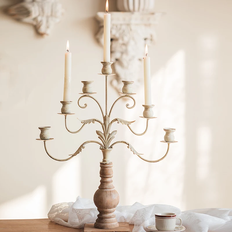 Retro Boho Candelabra, 7-Candle Holder with Wood Base and Iron Branches