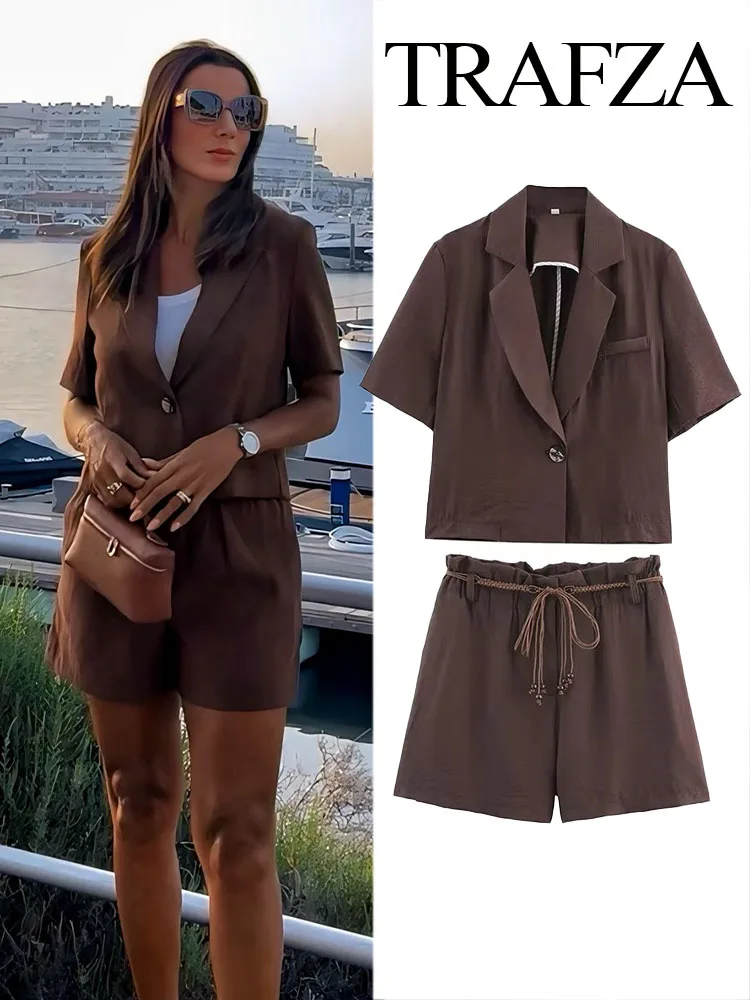 

TRAFZA Women Summer New Fashion Shorts Suit Lapel Short Sleeve Casual Blazer Coat+Elastic Waist Side Pocket Belt Decorate Shorts