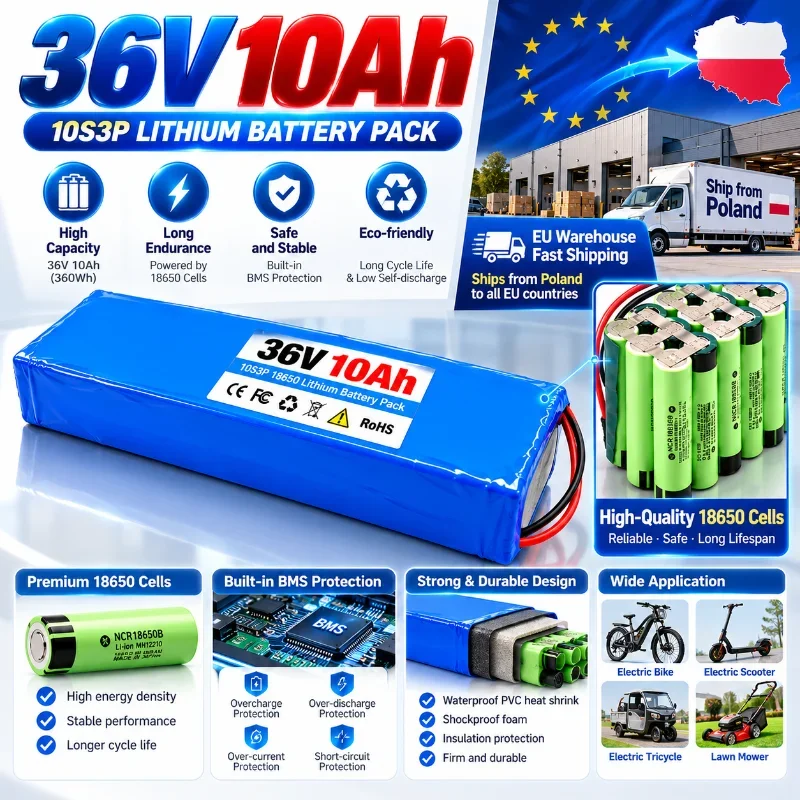 Batería Recargable 36V 10Ah 18650 10S3P con BMS para Bicicleta Eléctrica, Scooter y E-Bike, Motor 250W-1000W, Cargador 42V2A Incluido, Alta Densidad Energética, Larga Duración, Stock UE, Envío Rápido desde Almacén Polonia