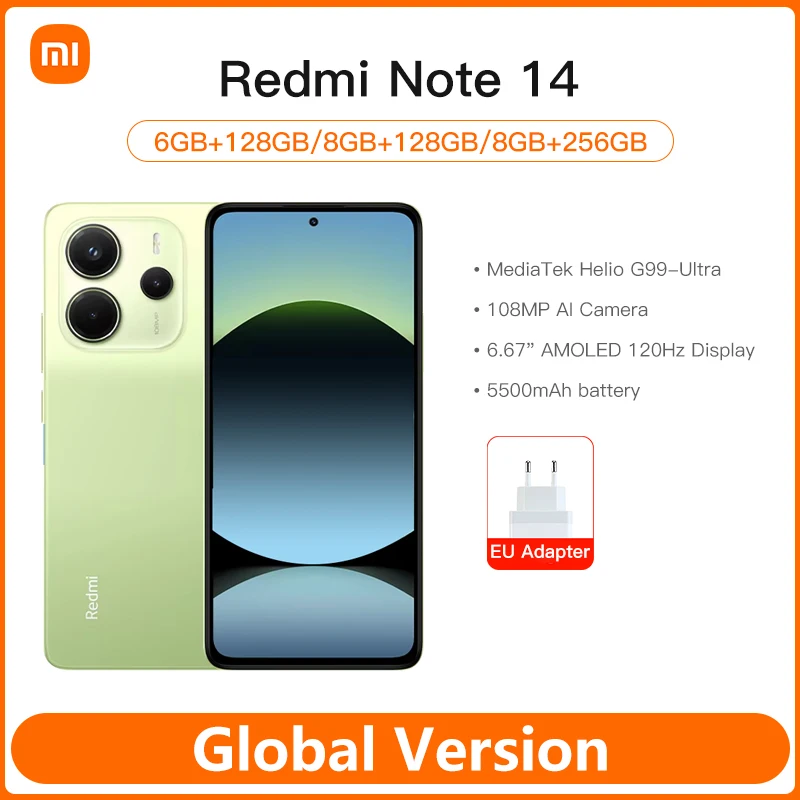 Global Version Xiaomi Redmi Note 14 4G Smartphone 120Hz 108MP AI Camera 128GB 256GB MTK Helio G99-Ultra 6.67" AMOLED Display