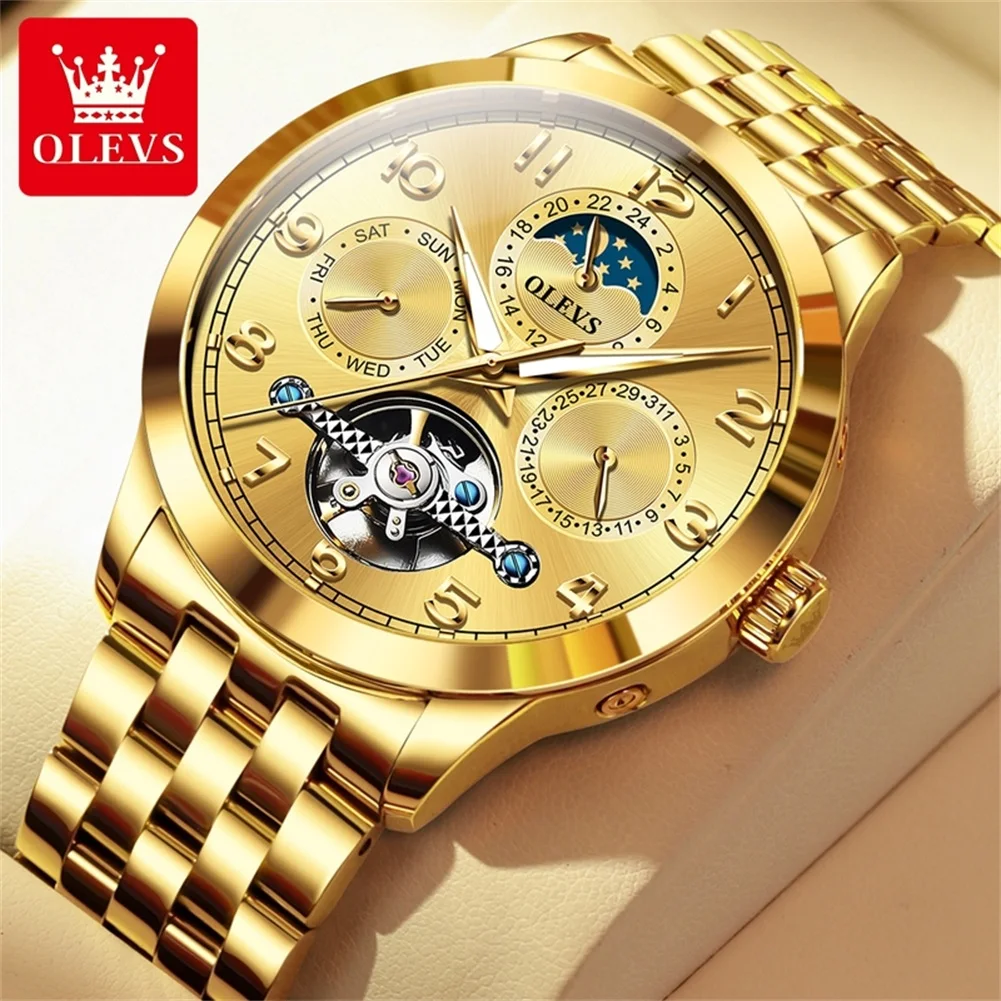 OLEVS 7018 Full Gold Watch for Men Multi-function Automatic Mechanical Watch for Man Original Brand