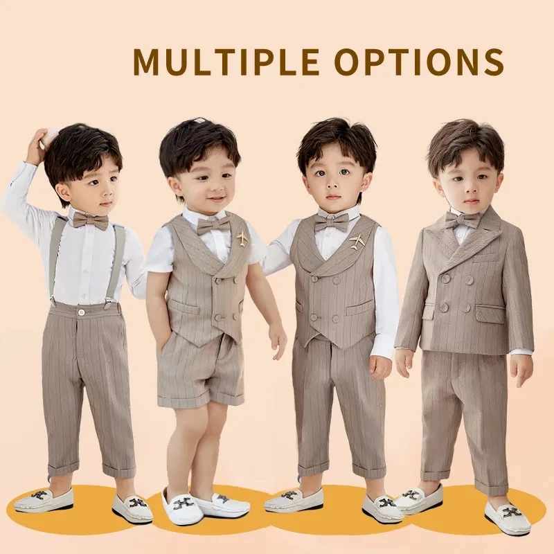 

Boys Spring Summer Khaki Striped Suit Set Baby Child Birthday Party Wedding Photography Costume Kids Blazer Vest Pants Clothes